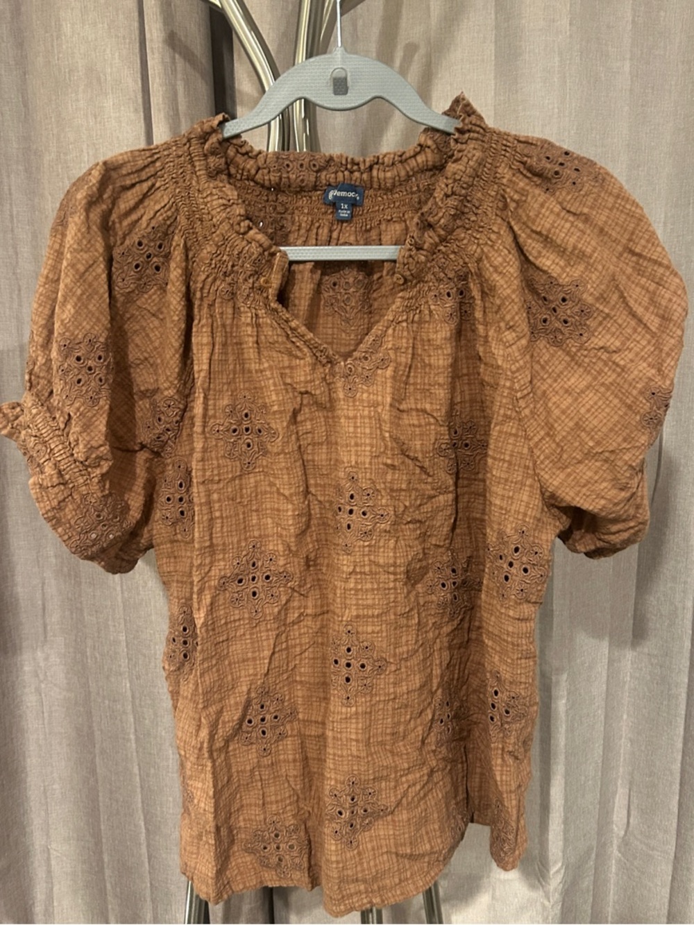 Democracy Brown Embroidered Puff-Sleeve Peasant Blouse